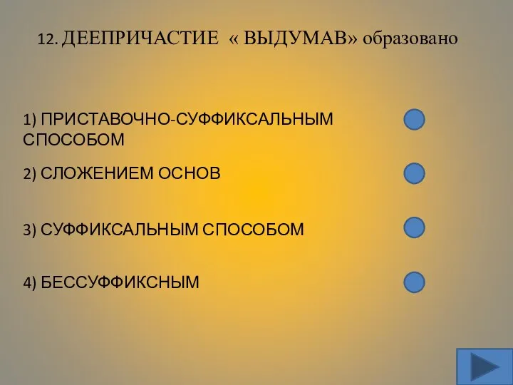 12. ДЕЕПРИЧАСТИЕ « ВЫДУМАВ» образовано 1) ПРИСТАВОЧНО-СУФФИКСАЛЬНЫМ СПОСОБОМ 2) СЛОЖЕНИЕМ ОСНОВ 3) СУФФИКСАЛЬНЫМ СПОСОБОМ 4) БЕССУФФИКСНЫМ