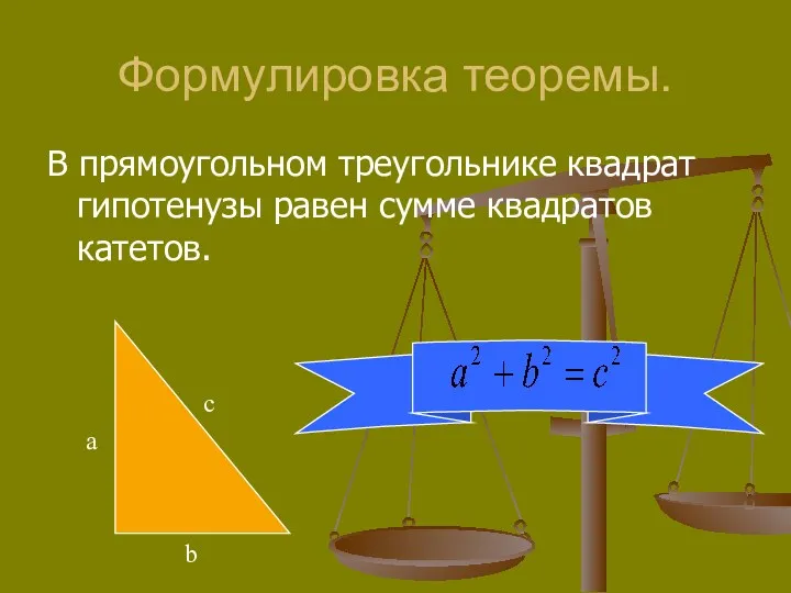 В прямоугольном треугольнике квадрат гипотенузы равен сумме квадратов катетов. Формулировка теоремы. a b c