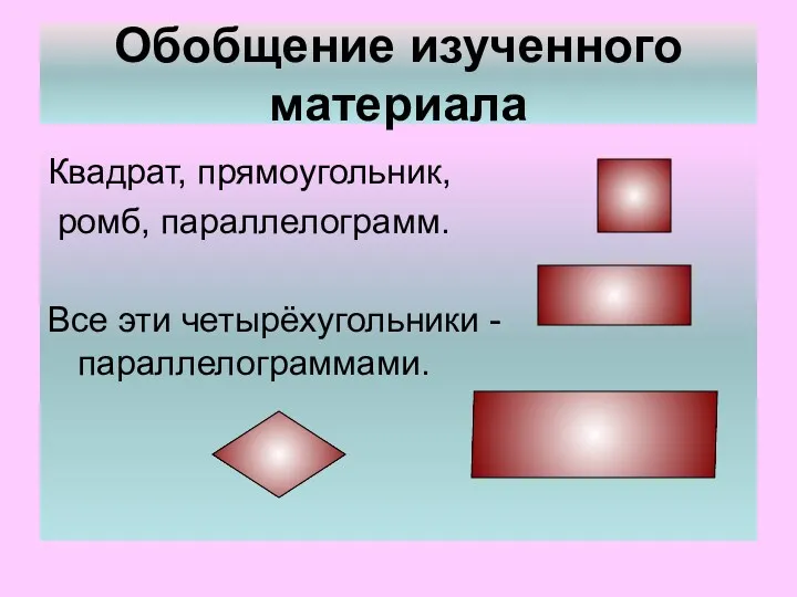 Обобщение изученного материала Квадрат, прямоугольник, ромб, параллелограмм. Все эти четырёхугольники - параллелограммами.