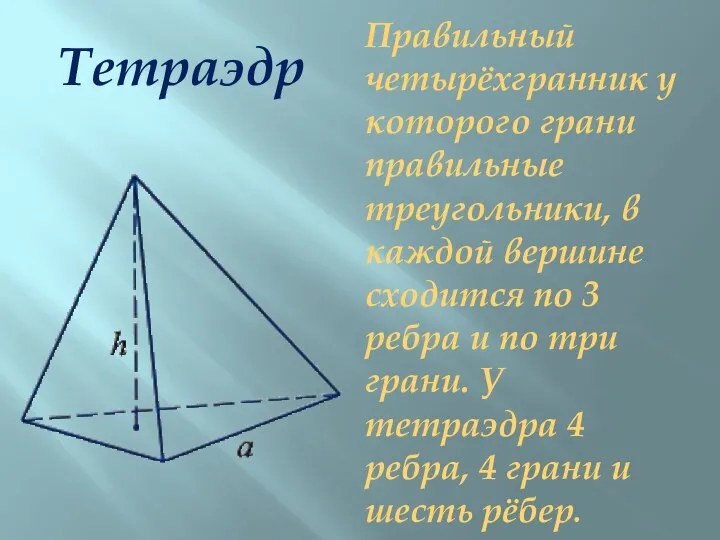 Тетраэдр Правильный четырёхгранник у которого грани правильные треугольники, в каждой вершине сходится по
