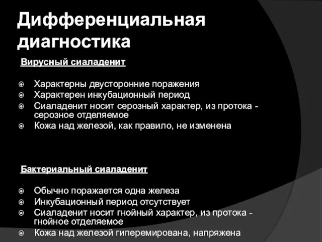 Дифференциальная диагностика Вирусный сиаладенит Характерны двусторонние поражения Характерен инкубационный период