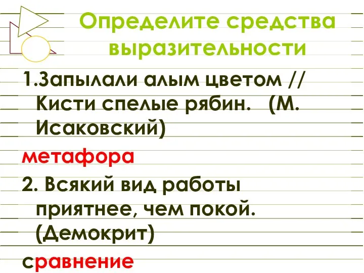 Определите средства выразительности 1.Запылали алым цветом // Кисти спелые рябин.