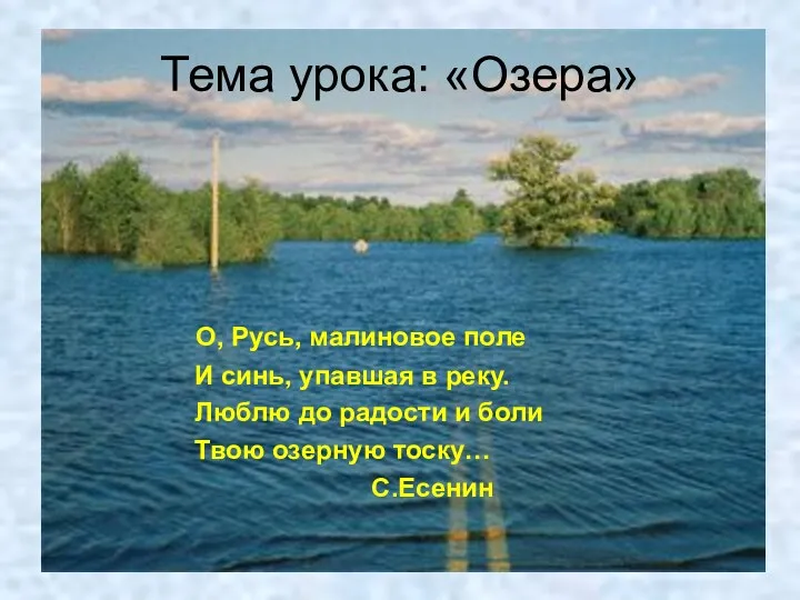 Тема урока: «Озера» О, Русь, малиновое поле И синь, упавшая в реку. Люблю