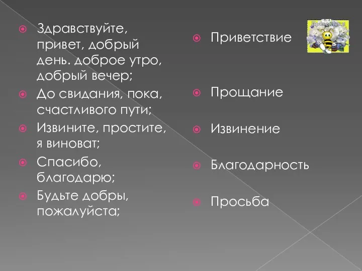 Здравствуйте, привет, добрый день. доброе утро, добрый вечер; До свидания,