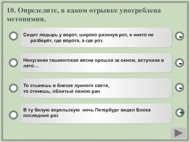 10. Определите, в каком отрывке употреблена метонимия. Сидит лодырь у