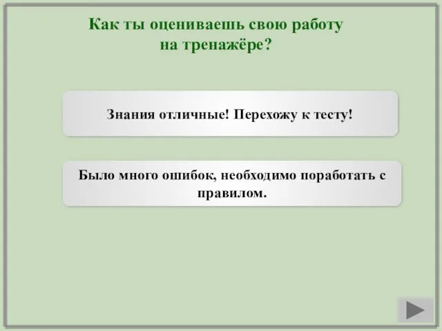 Как ты оцениваешь свою работу на тренажёре? Знания отличные! Перехожу к тесту! Было