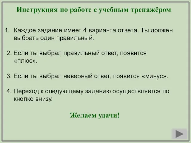 Инструкция по работе с учебным тренажёром Каждое задание имеет 4 варианта ответа. Ты