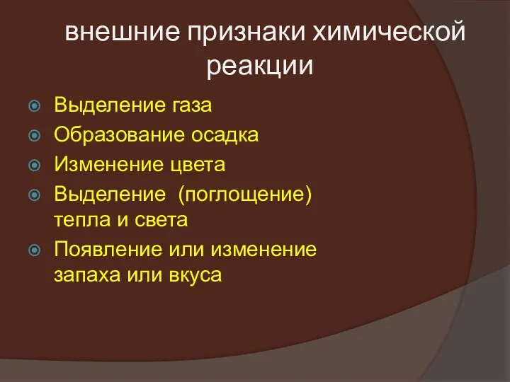 внешние признаки химической реакции Выделение газа Образование осадка Изменение цвета