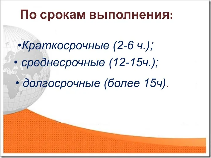 По срокам выполнения: Краткосрочные (2-6 ч.); среднесрочные (12-15ч.); долгосрочные (более 15ч).