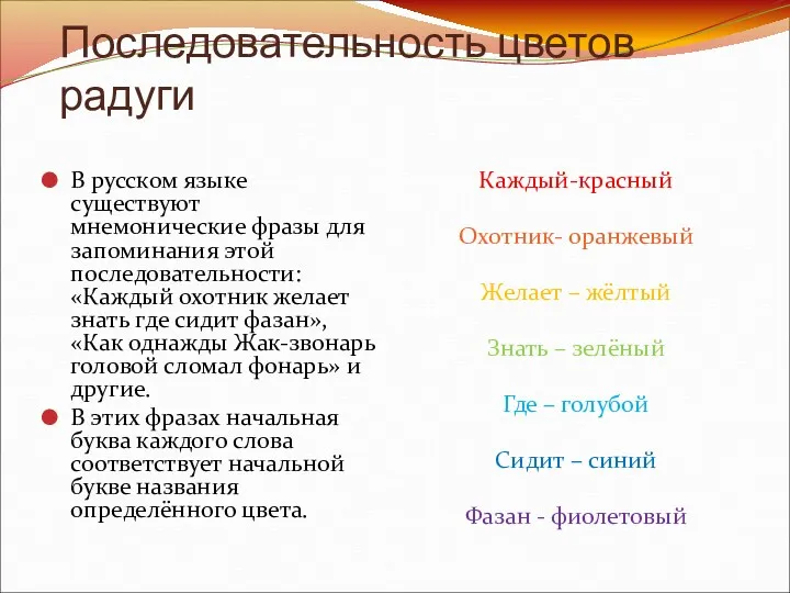 Последовательность цветов радуги В русском языке существуют мнемонические фразы для