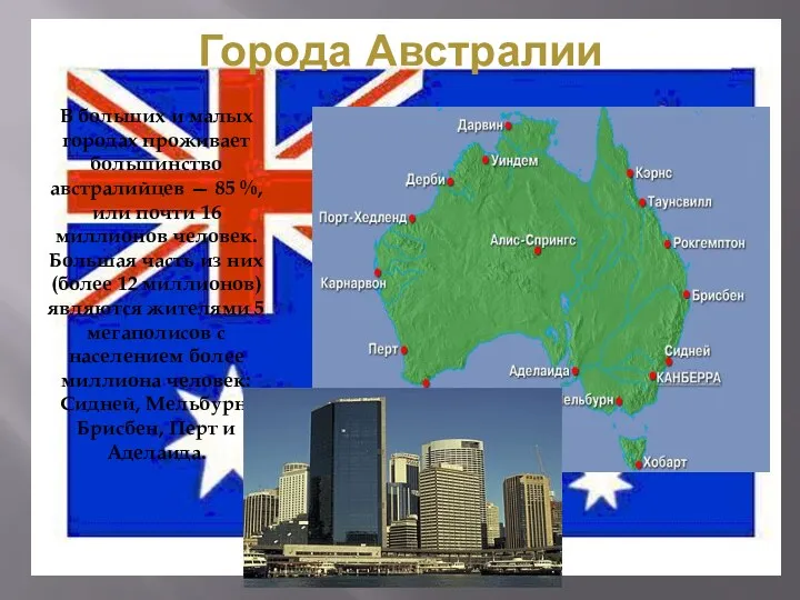 Города Австралии В больших и малых городах проживает большинство австралийцев — 85 %,