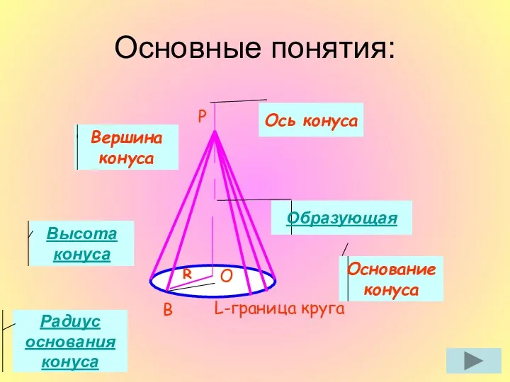 B P O R L-граница круга Ось конуса Вершина конуса Образующая Основание конуса