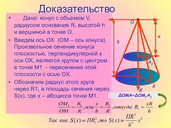 Доказательство Дано: конус с объемом V, радиусом основания R, высотой h и вершиной