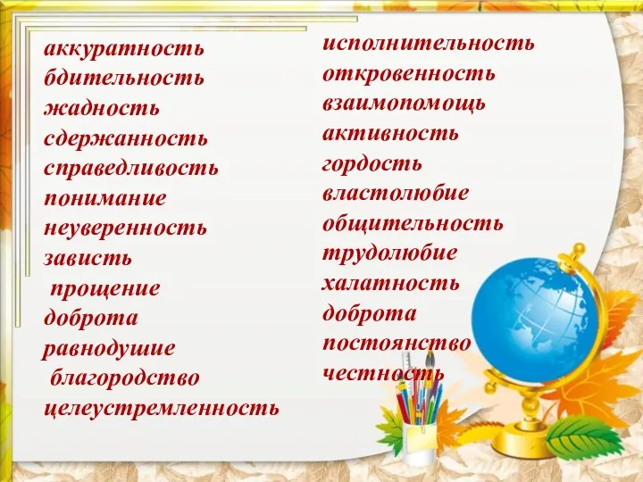 аккуратность бдительность жадность сдержанность справедливость понимание неуверенность зависть прощение доброта равнодушие благородство целеустремленность