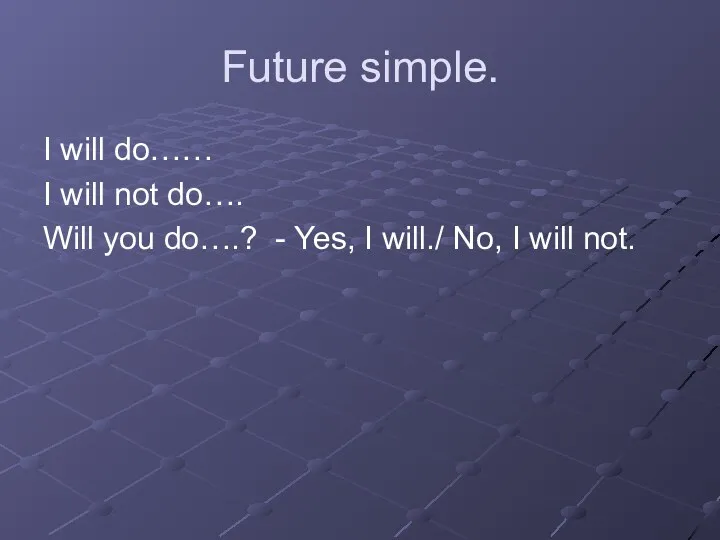 Future simple. I will do…… I will not do…. Will