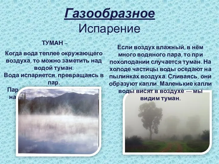 Газообразное Испарение ТУМАН – Когда вода теплее окружающего воздуха, то