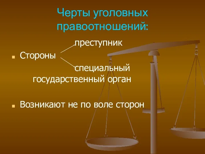 Черты уголовных правоотношений: преступник Стороны специальный государственный орган Возникают не по воле сторон