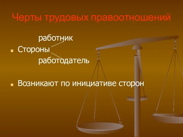 Черты трудовых правоотношений работник Стороны работодатель Возникают по инициативе сторон