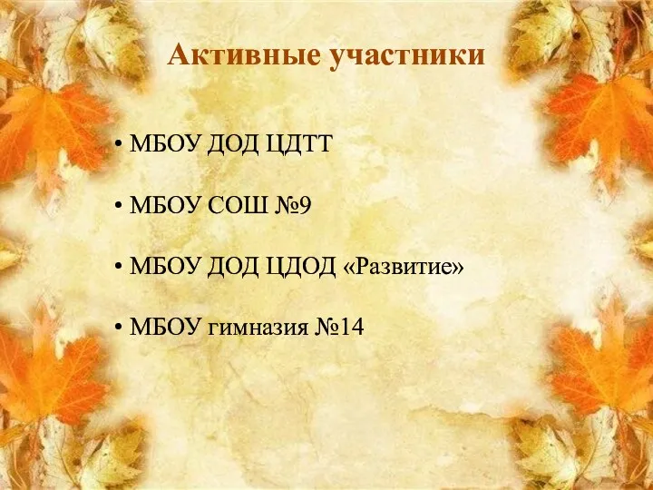 Активные участники МБОУ ДОД ЦДТТ МБОУ СОШ №9 МБОУ ДОД ЦДОД «Развитие» МБОУ гимназия №14