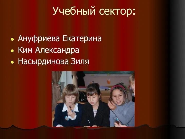 Учебный сектор: Ануфриева Екатерина Ким Александра Насырдинова Зиля