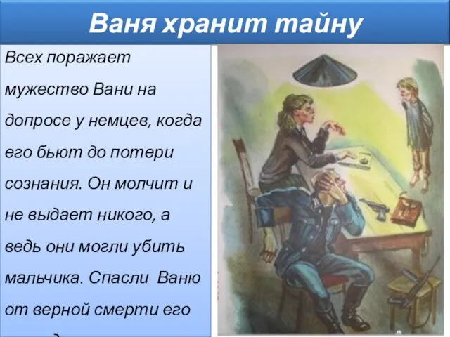 Всех поражает мужество Вани на допросе у немцев, когда его