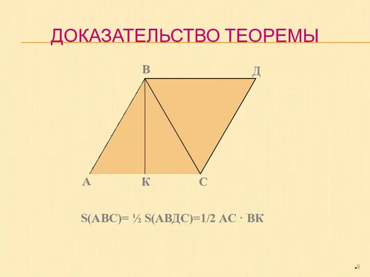 ДОКАЗАТЕЛЬСТВО ТЕОРЕМЫ А В Д С К S(АВС)= ½ S(АВДС)=1/2 АС · ВК