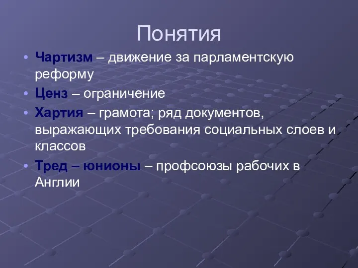 Понятия Чартизм – движение за парламентскую реформу Ценз – ограничение