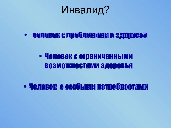 Инвалид? человек с проблемами в здоровье Человек с ограниченными возможностями здоровья Человек с особыми потребностями