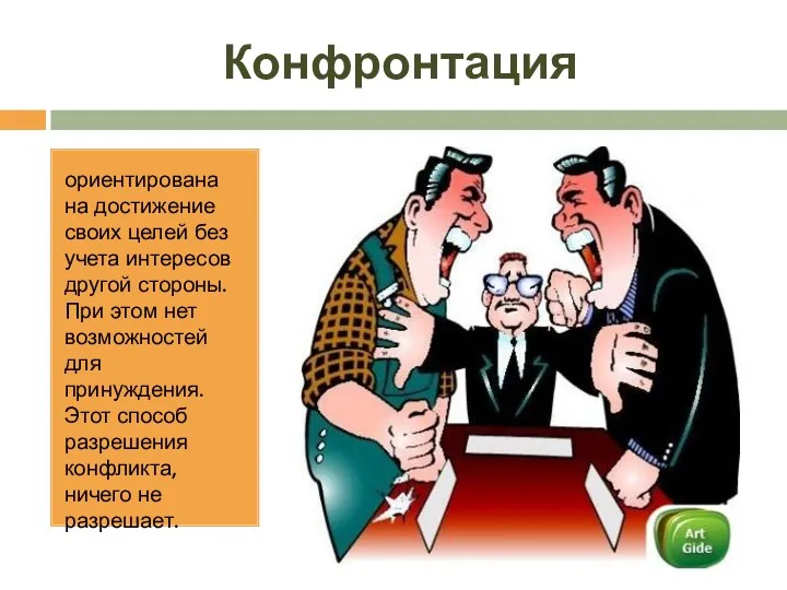 Конфронтация ориентирована на достижение своих целей без учета интересов другой