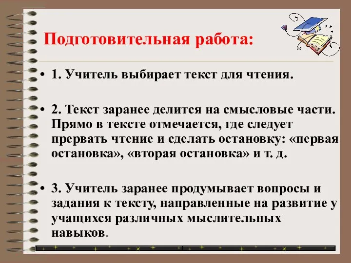 1. Учитель выбирает текст для чтения. 2. Текст заранее делится на смысловые части.