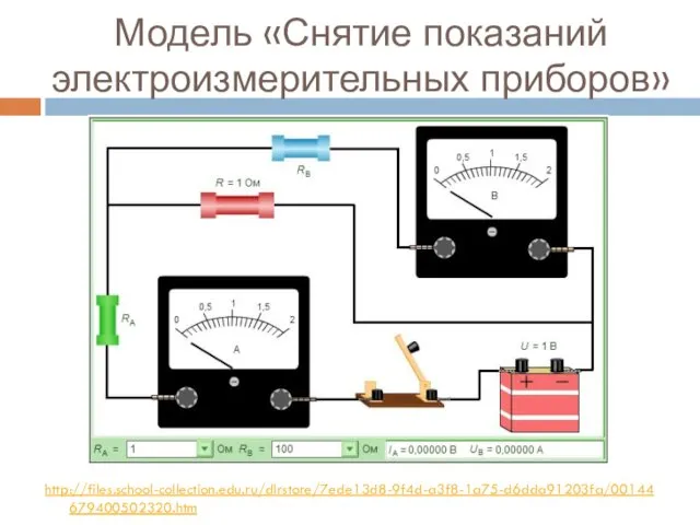 Модель «Снятие показаний электроизмерительных приборов» http://files.school-collection.edu.ru/dlrstore/7ede13d8-9f4d-a3f8-1a75-d6dda91203fa/00144679400502320.htm