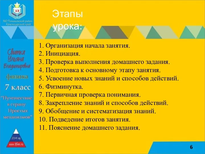 Этапы урока: 1. Организация начала занятия. 2. Инициация. 3. Проверка