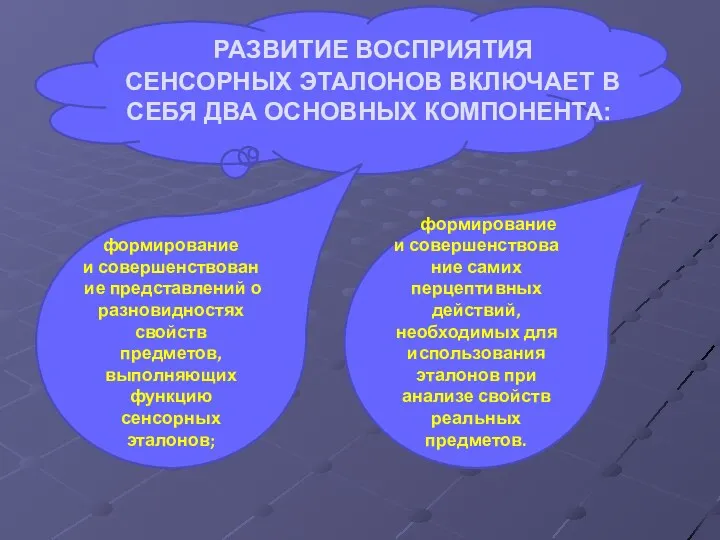 РАЗВИТИЕ ВОСПРИЯТИЯ СЕНСОРНЫХ ЭТАЛОНОВ ВКЛЮЧАЕТ В СЕБЯ ДВА ОСНОВНЫХ КОМПОНЕНТА: