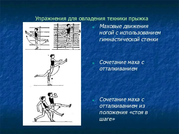Упражнения для овладения техники прыжка Маховые движения ногой с использованием гимнастической стенки Сочетание