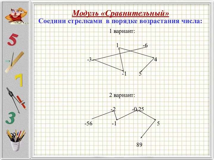 Модуль «Сравнительный» Соедини стрелками в порядке возрастания числа: 1 вариант: