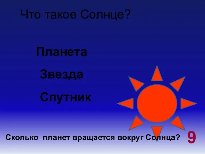Что такое Солнце? Спутник Планета Звезда Сколько планет вращается вокруг Солнца? 9