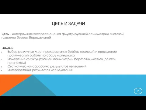 ЦЕЛЬ И ЗАДАЧИ Цель – интегральная экспресс-оценка флуктуирующей асимметрии листовой пластины березы бородавчатой