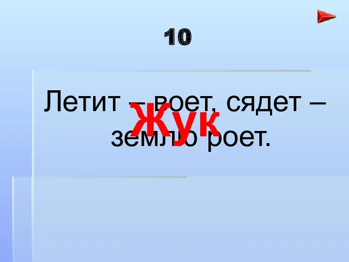 10 Летит – воет, сядет – землю роет. Жук