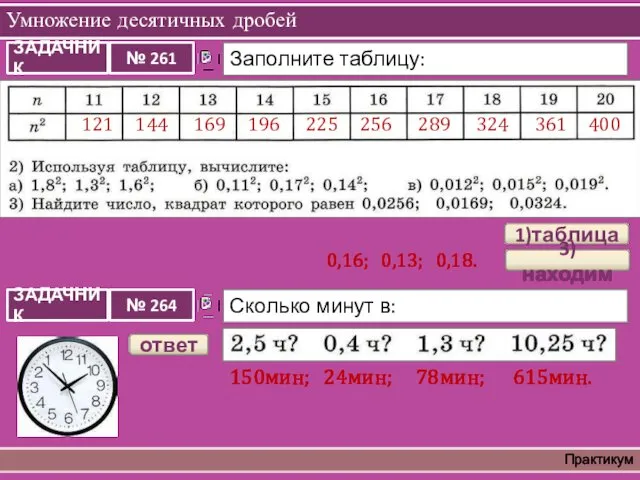 Умножение десятичных дробей Практикум 121 144 169 196 225 256