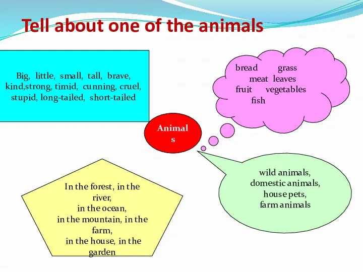 Tell about one of the animals Animals bread grass meat