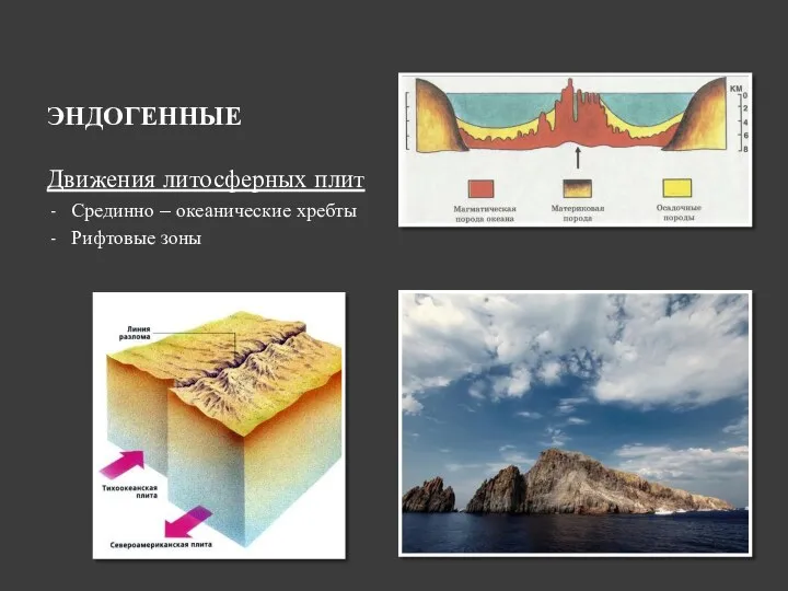 ЭНДОГЕННЫЕ Движения литосферных плит Срединно – океанические хребты Рифтовые зоны