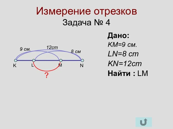 Измерение отрезков Задача № 4 K N Дано: KM=9 см.