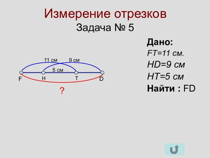 Измерение отрезков Задача № 5 F D H T Дано: FT=11 см. HD=9