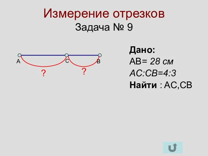 Измерение отрезков Задача № 9 A B C Дано: AB= 28 cм AC:CB=4:3