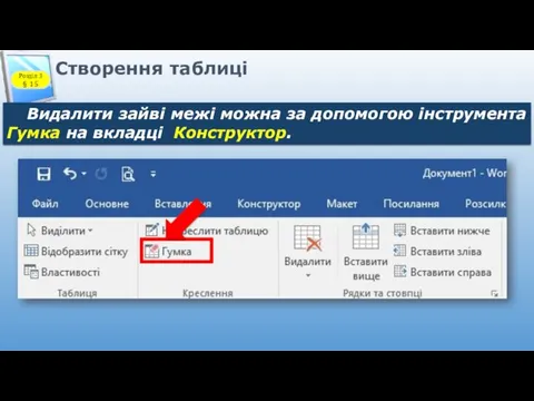 Створення таблиці Видалити зайві межі можна за допомогою інструмента Гумка