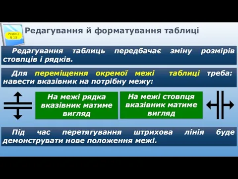 Редагування й форматування таблиці Редагування таблиць передбачає зміну розмірів стовпців