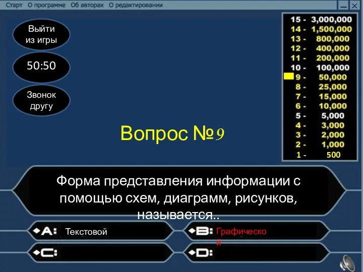 Выйти из игры 50:50 Звонок другу Вопрос №9 Форма представления