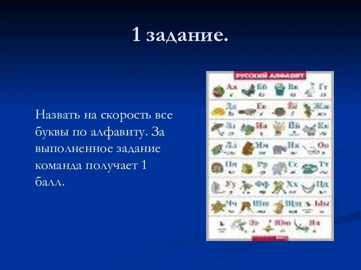 1 задание. Назвать на скорость все буквы по алфавиту. За выполненное задание команда получает 1 балл.