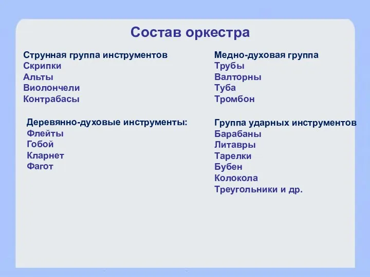 Состав оркестра Струнная группа инструментов Скрипки Альты Виолончели Контрабасы Деревянно-духовые