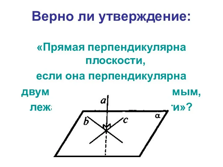 Верно ли утверждение: «Прямая перпендикулярна плоскости, если она перпендикулярна двум пересекающимся прямым, лежащим в этой плоскости»?